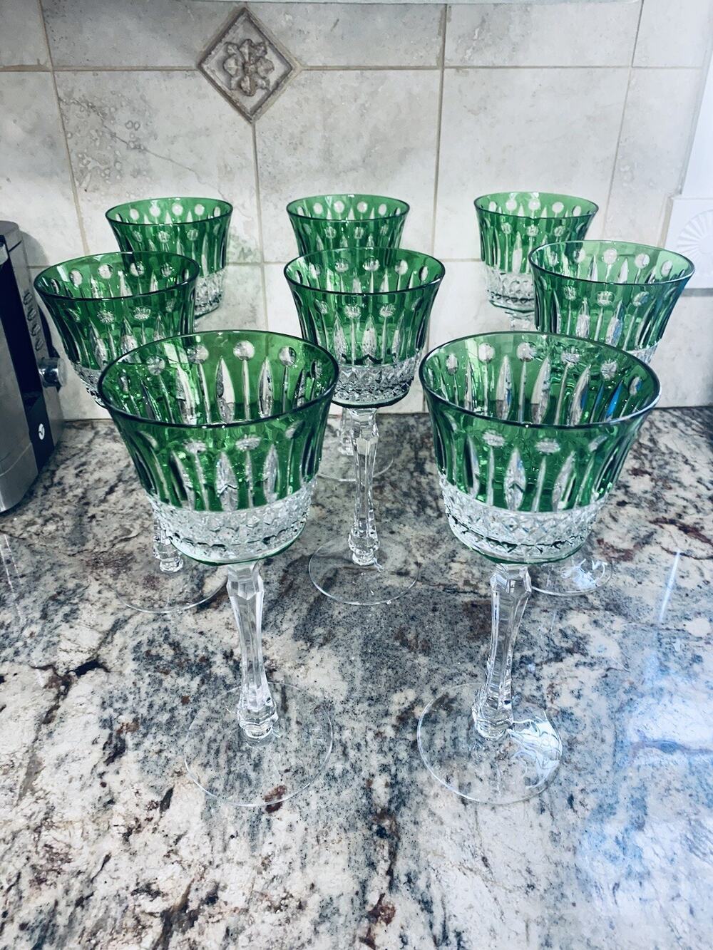 Set Of 8 Faberge Xenia Emerald Green Crystal Cordial Liqueur Glass 6" Tall Lot